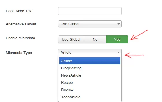 Microdata settings in com_content